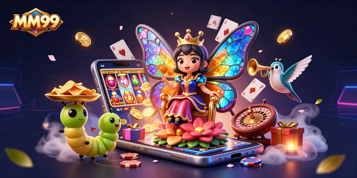 Experience the vibrant world of MM99 with the butterfly queen and gaming action in a lively 3D scene.