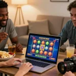 Pengalaman bermain megawin88 secara online di ruang santai, teman-teman menikmati judi slot dengan semangat.