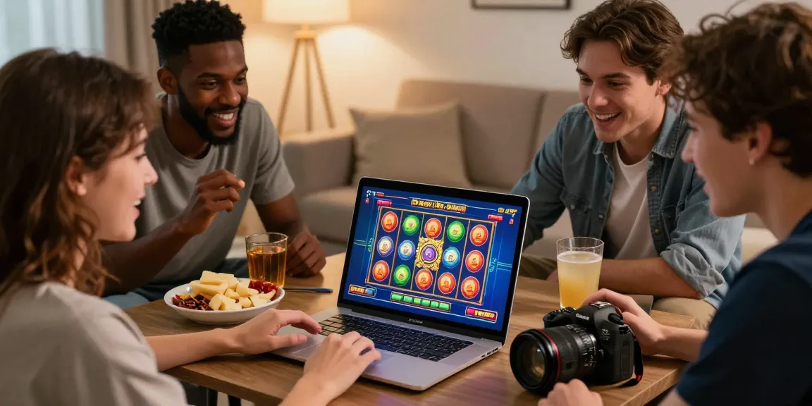Pengalaman bermain megawin88 secara online di ruang santai, teman-teman menikmati judi slot dengan semangat.