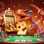TT88 casino scene where characters interact with a slot machine, showcasing vibrant gaming atmosphere