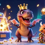 Experience thrill at Nhà cái Jun88 with a dynamic casino scene featuring T-Rex, pterodactyl, and chips.