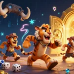 Experience the thrill of nk88 with a dynamic prehistoric casino scene featuring vibrant characters and dazzling treasures.