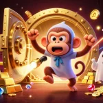 NHÀ CÁI QS88 showcases a playful scene with a magical monkey juggler and a curious puppy in a rich casino
