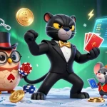 Engage with OP88's thrilling card game as a stylish panther deals elegantly amid vibrant casino elements.