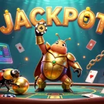Baccarat gameplay scene with a victorious beetle lifting a poker chip amidst a rich casino atmosphere.