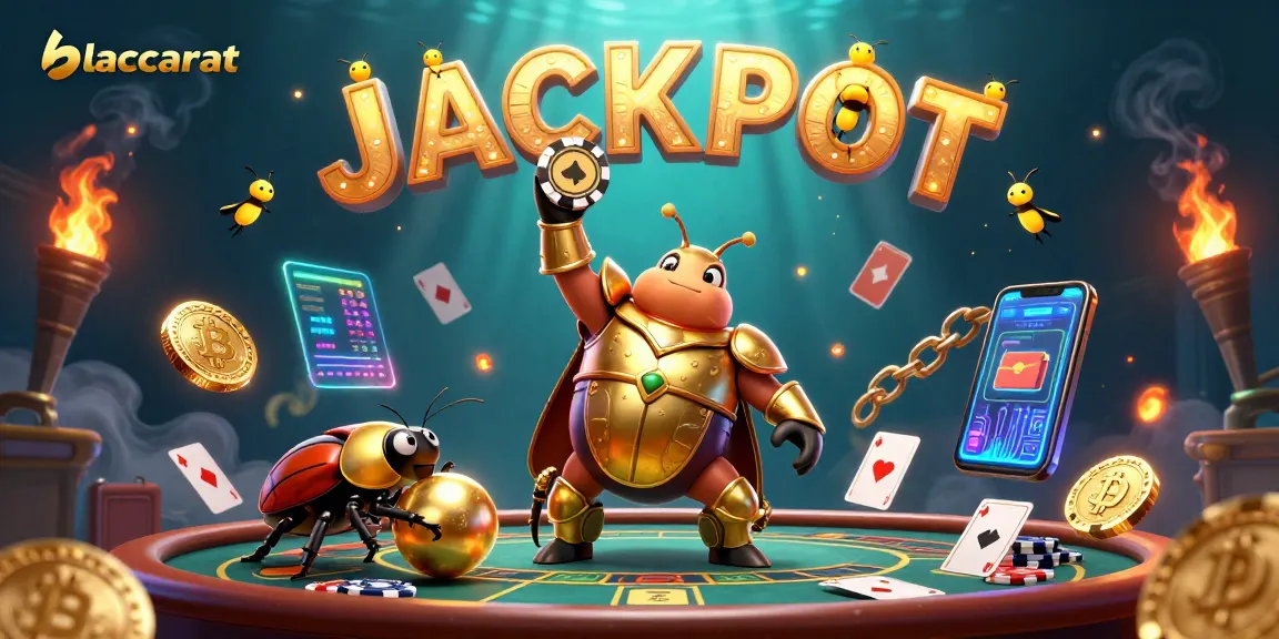 Baccarat gameplay scene with a victorious beetle lifting a poker chip amidst a rich casino atmosphere.