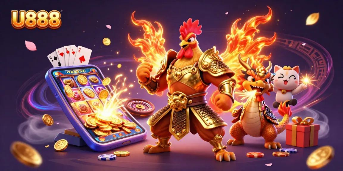 Play thrilling games at U888 with vibrant casino action featuring a rooster warrior and dragon hatchling.