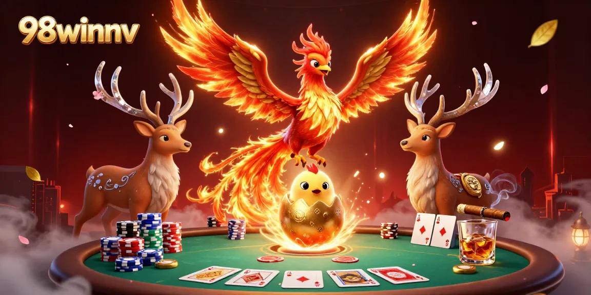 Experience thrilling wins at 98winnv with a dynamic 3D casino illustration featuring vibrant characters and gambling elements.