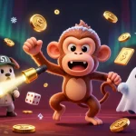 Join the action with new88 chính thức as a playful monkey juggles golden coins and chips in a haunted casino scene.
