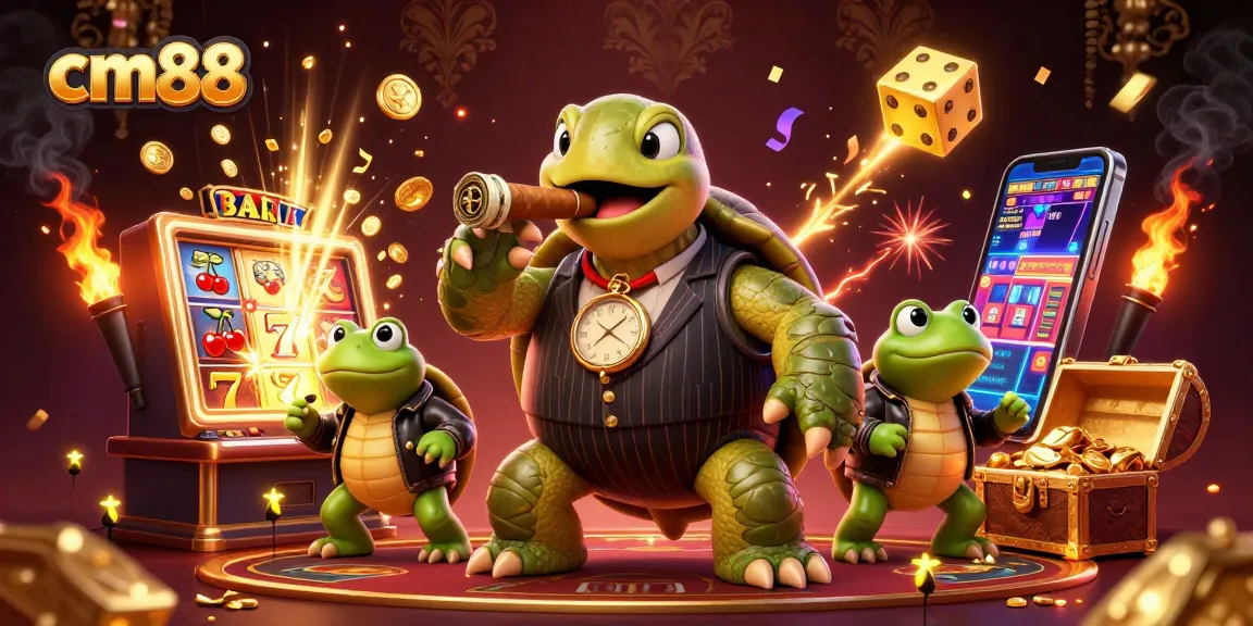 Engage in thrilling gameplay at cm88 with a vibrant 3D illustration of casino characters and symbols.