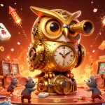 Experience the exciting casino atmosphere at 69VN with a 3D cartoon owl scanning the gaming floor filled with slot machines and vibrant decorations.