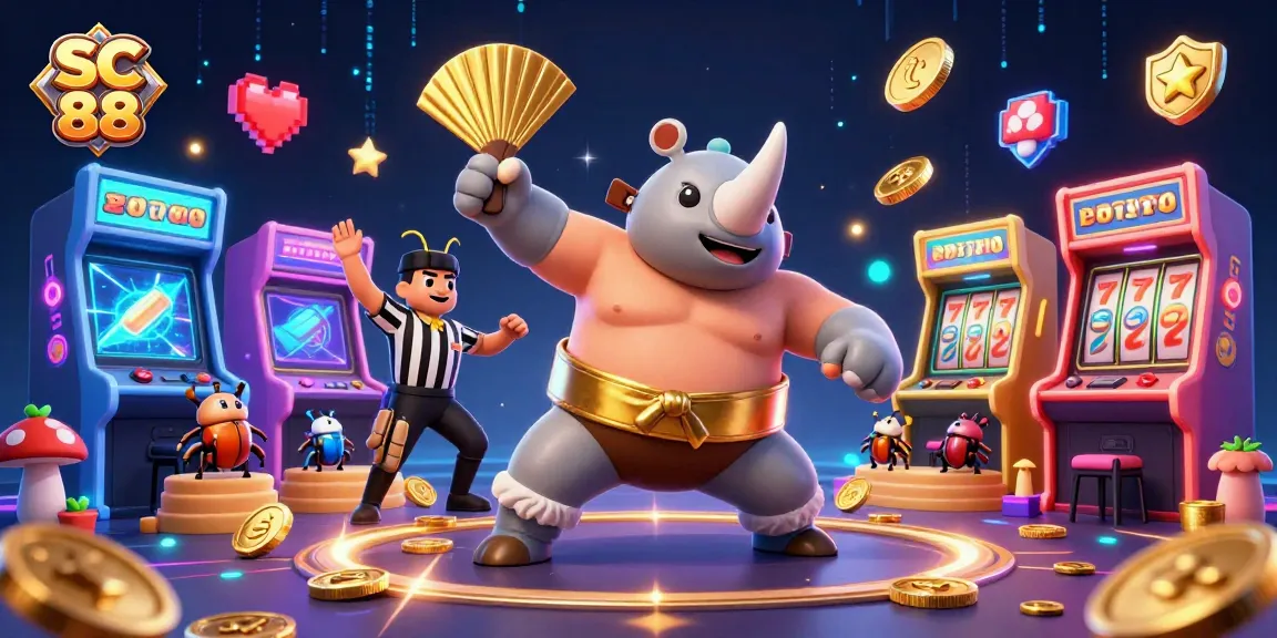 SC 88 showcases a lively casino scene with a sumo beetle champion amid flying coins and arcade elements.