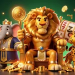 Experience thrilling gameplay at vsbet with a 3D illustration of a regal lion king and dynamic casino elements.