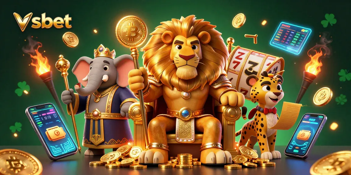 Experience thrilling gameplay at vsbet with a 3D illustration of a regal lion king and dynamic casino elements.