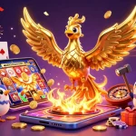 Experience the excitement of lu88 with a dynamic 3D illustration of a golden phoenix and gaming elements.