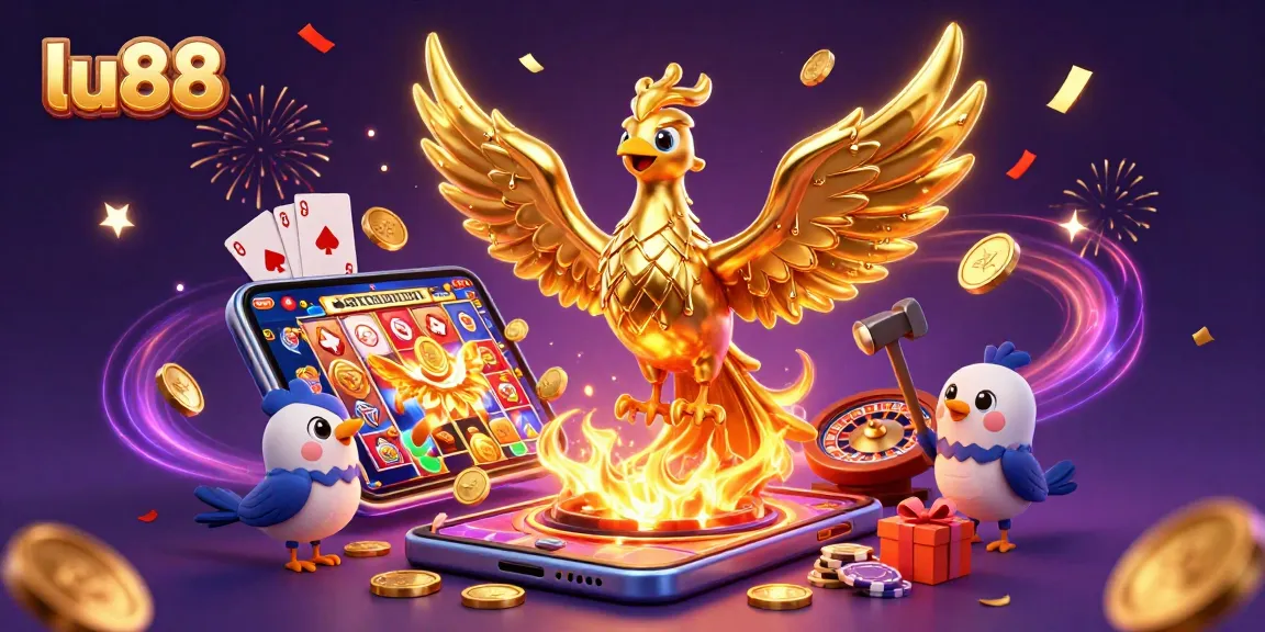 Experience the excitement of lu88 with a dynamic 3D illustration of a golden phoenix and gaming elements.