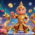 Nổ hũ slot machines illustrated with friendly temple guardian and colorful game elements
