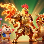 Experience thrilling action with nohu's cartoon fighting rooster amidst vibrant gaming elements.