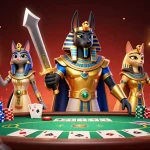 U31's ancient Egyptian warrior Anubis and Bastet embrace thrilling poker action amidst vibrant casino elements.