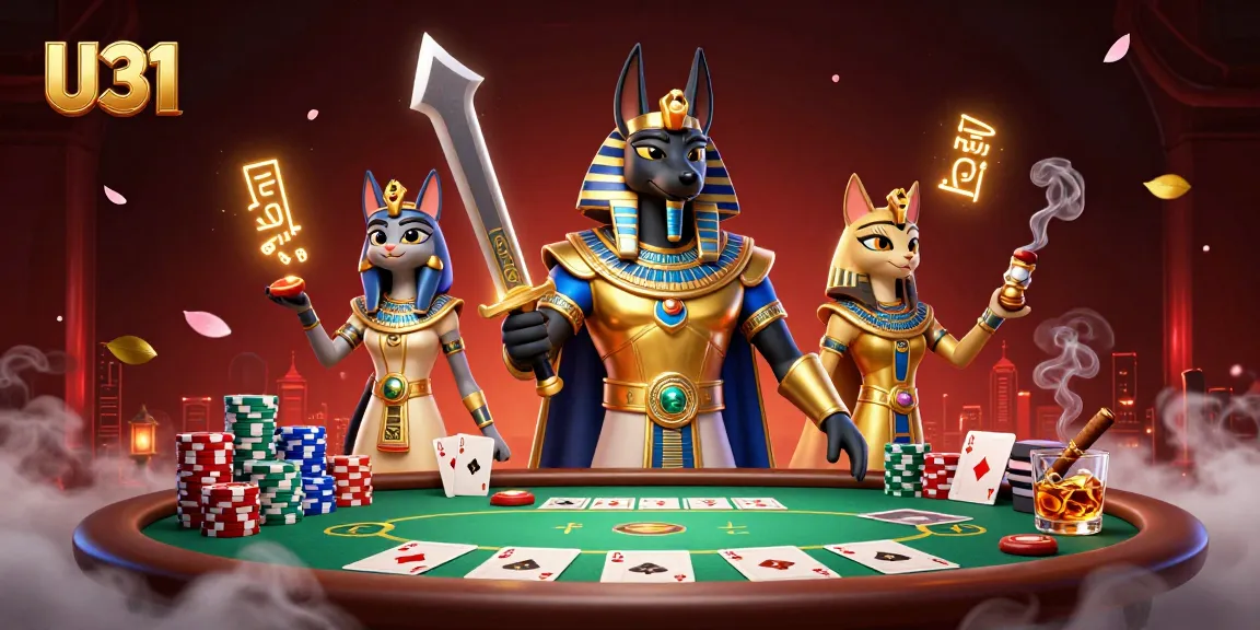U31's ancient Egyptian warrior Anubis and Bastet embrace thrilling poker action amidst vibrant casino elements.