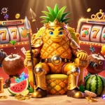 Experience 11WIN's vibrant casino scene with a golden pineapple king and dynamic slot elements.