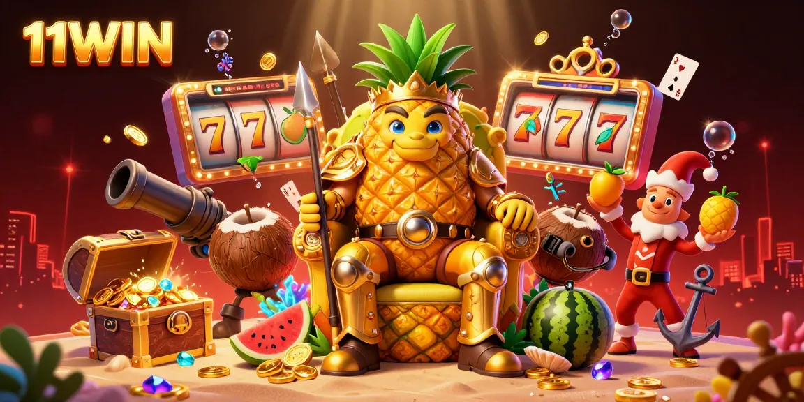 Experience 11WIN's vibrant casino scene with a golden pineapple king and dynamic slot elements.