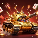 Experience the thrill of CM88 with a vibrant casino scene inside a golden beetle tank amidst festive elements.
