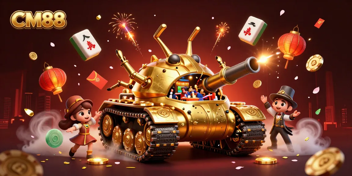 Experience the thrill of CM88 with a vibrant casino scene inside a golden beetle tank amidst festive elements.