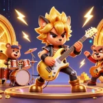EA88's dynamic scene featuring a rock star wolf and drummer bear amidst golden treasures and casino energy.