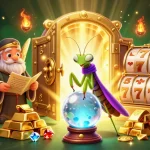 Spin the reels at lu88 with a vibrant 3D illustration of fortune tellers amidst gold treasure and slot icons.