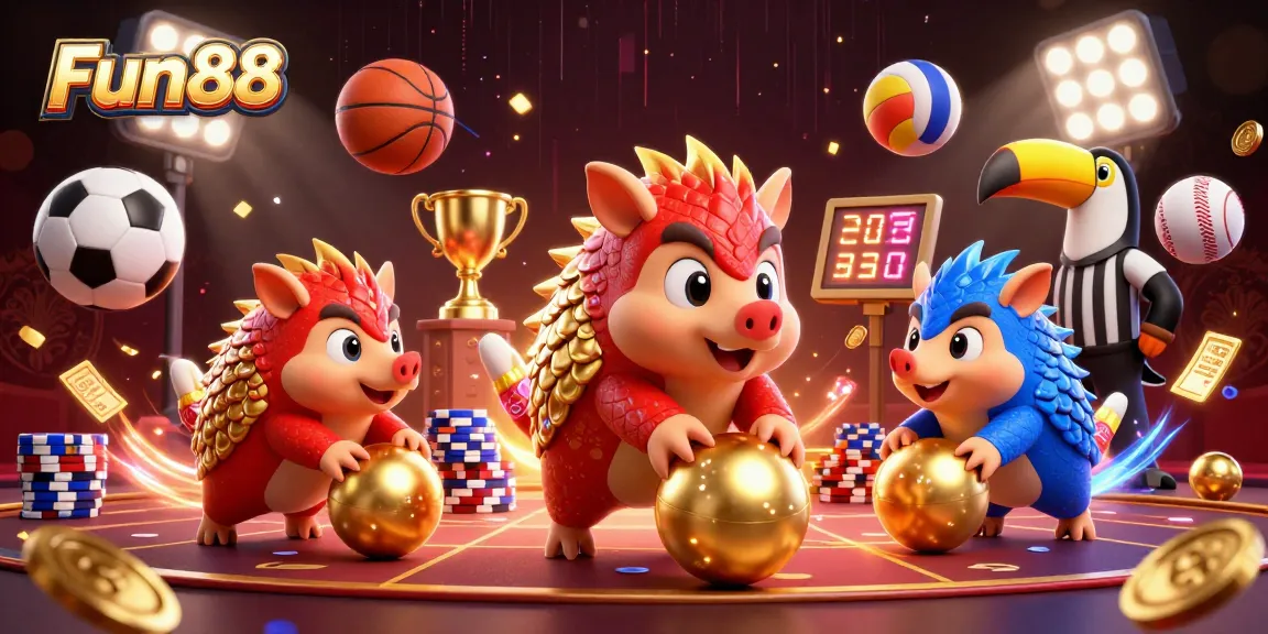 Watch Fun88's rival pangolins battle through golden poker chips in a vibrant casino scene.