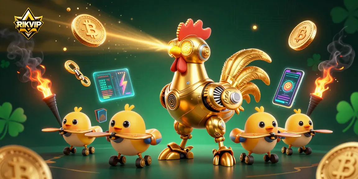 Engage with RIKVIP's exciting casino games through a vibrant 3D illustration showcasing futuristic gaming elements.