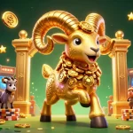 Engage in thrilling action with dn88 as the golden ram mascot charges through a vibrant casino scene.