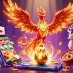 Engage with e2bet's dynamic gaming world featuring a phoenix, slot games, and mystical elements.
