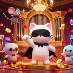 Engage with rikvip's vibrant 3D casino scene featuring a whimsical cat and mouse amid gaming excitement.