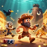 Bắn cá thần tài: Engaging prehistoric fish shooting casino scene with characters and treasures.