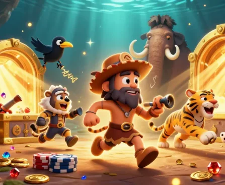 Bắn cá thần tài: Engaging prehistoric fish shooting casino scene with characters and treasures.