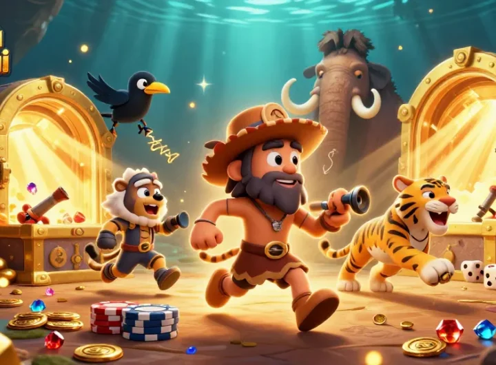 Bắn cá thần tài: Engaging prehistoric fish shooting casino scene with characters and treasures.