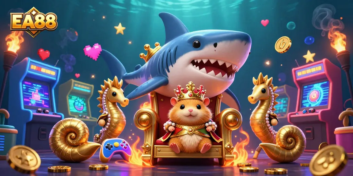 Experience thrilling gameplay at EA88 with a golden hamster king and seahorse guards in a vibrant 3D casino.