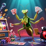 UK88 casino scene illustrates a vibrant giant mantis dealer and ladybug pit boss amidst slot reels.