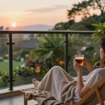 Enjoying a serene moment at ROKOK88 with lush garden views.