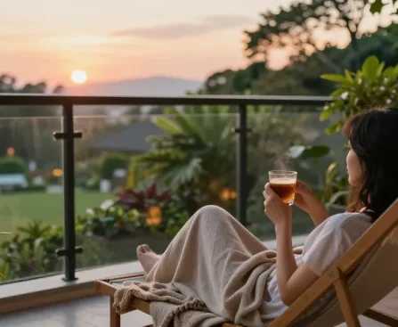 Enjoying a serene moment at ROKOK88 with lush garden views.