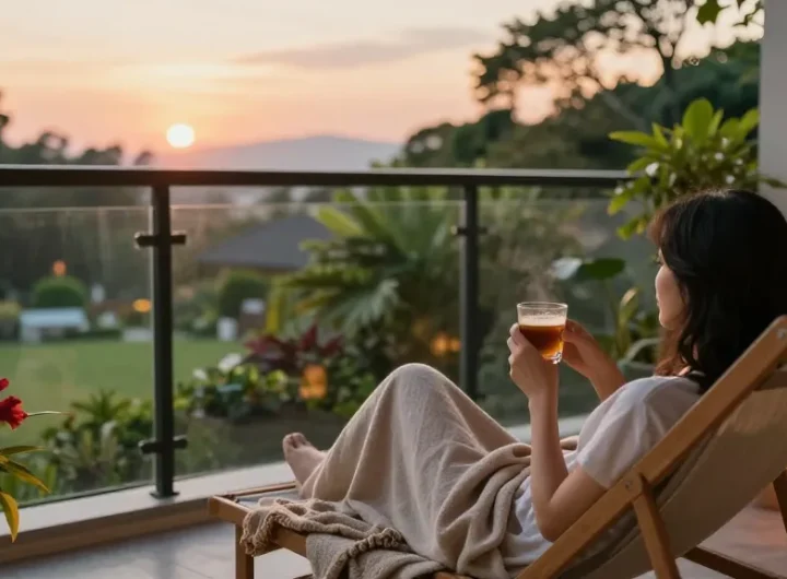 Enjoying a serene moment at ROKOK88 with lush garden views.