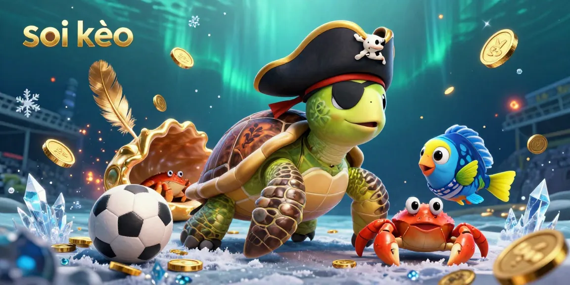 Soi kèo your bets with dynamic sports elements featuring a pirate turtle, crab, and parrotfish in a vibrant underwater scene.