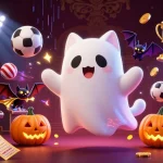 Engage in thrilling casino action with kp88, where a ghost cat and bat bring luck amidst neon lights.