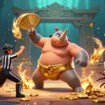 fabet3 illustrates a dynamic casino scene with a sumo champion beetle amid flying coins.
