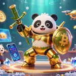 Engage in immersive gaming at 32win8, featuring a golden panda in a mech suit battling in a vibrant casino.