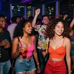 Young adults enjoying a vibrant night out, showcasing Club21id with trendy styles and cocktails in a lively club.