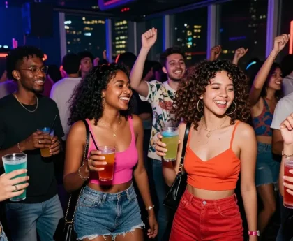 Young adults enjoying a vibrant night out, showcasing Club21id with trendy styles and cocktails in a lively club.