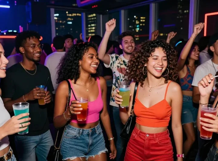 Young adults enjoying a vibrant night out, showcasing Club21id with trendy styles and cocktails in a lively club.